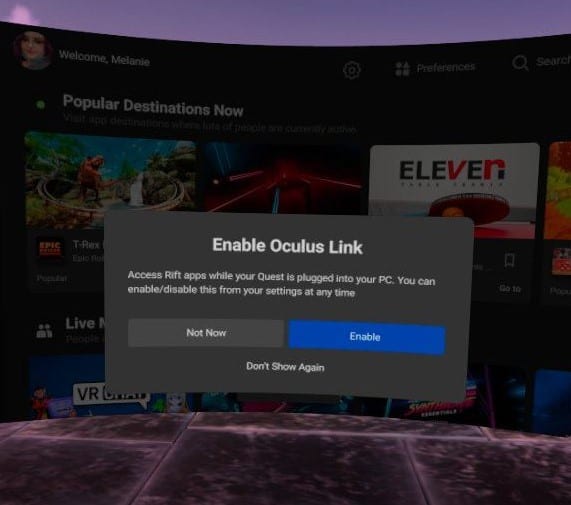 Enable the Oculus Link pop up