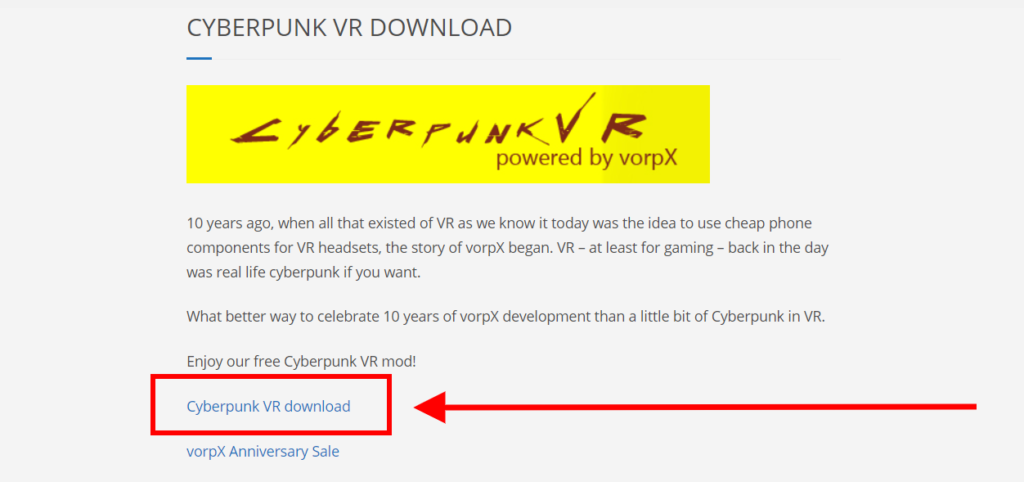 Downloading the VorpX Cyberpunk 2077 Mod