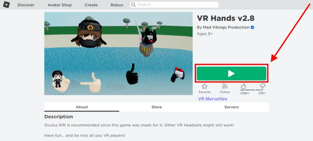 Select VR hands On Roblox Website