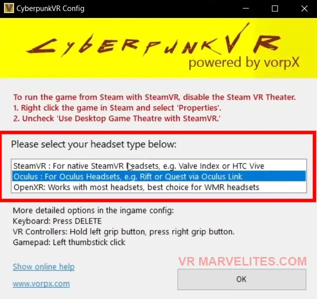 the Cyberpunk VR config menu